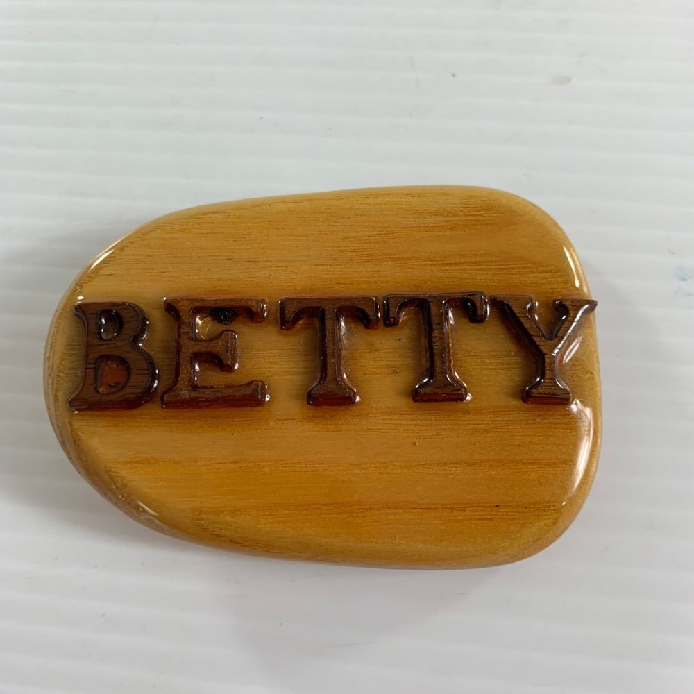 Wood Belt Buckle Betty Wooden Name Western Rodeo Lacquered 3.5" X 2.5"